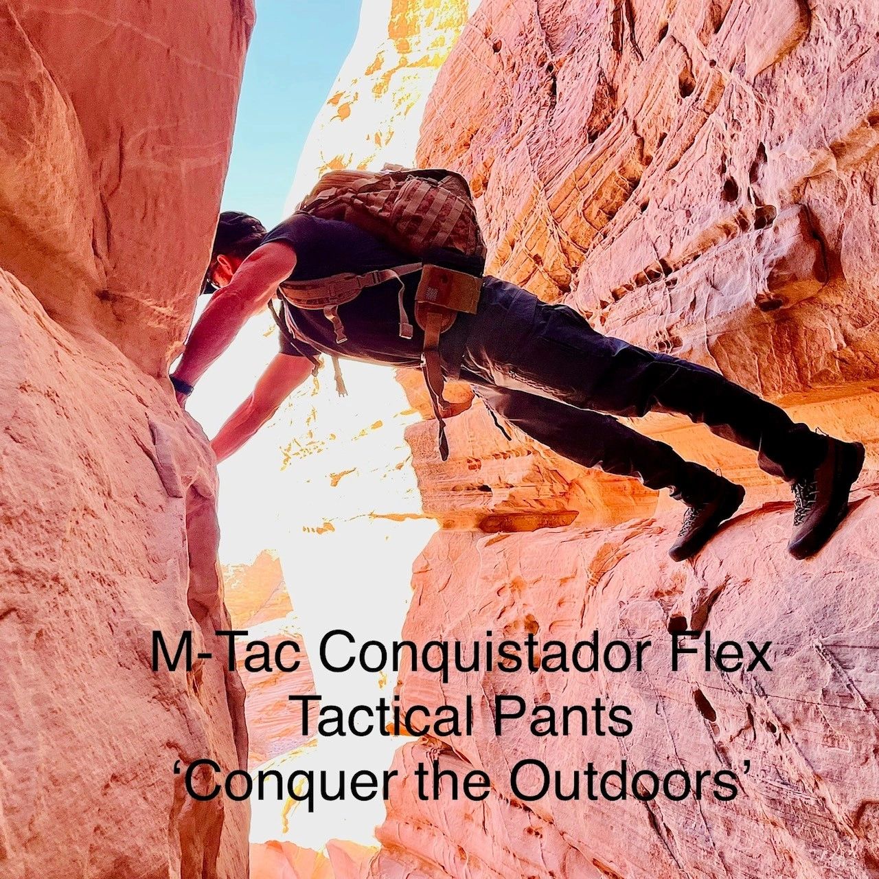 JB scrambling through a slot canyon in M-Tac Conquistador Flex tactical pants